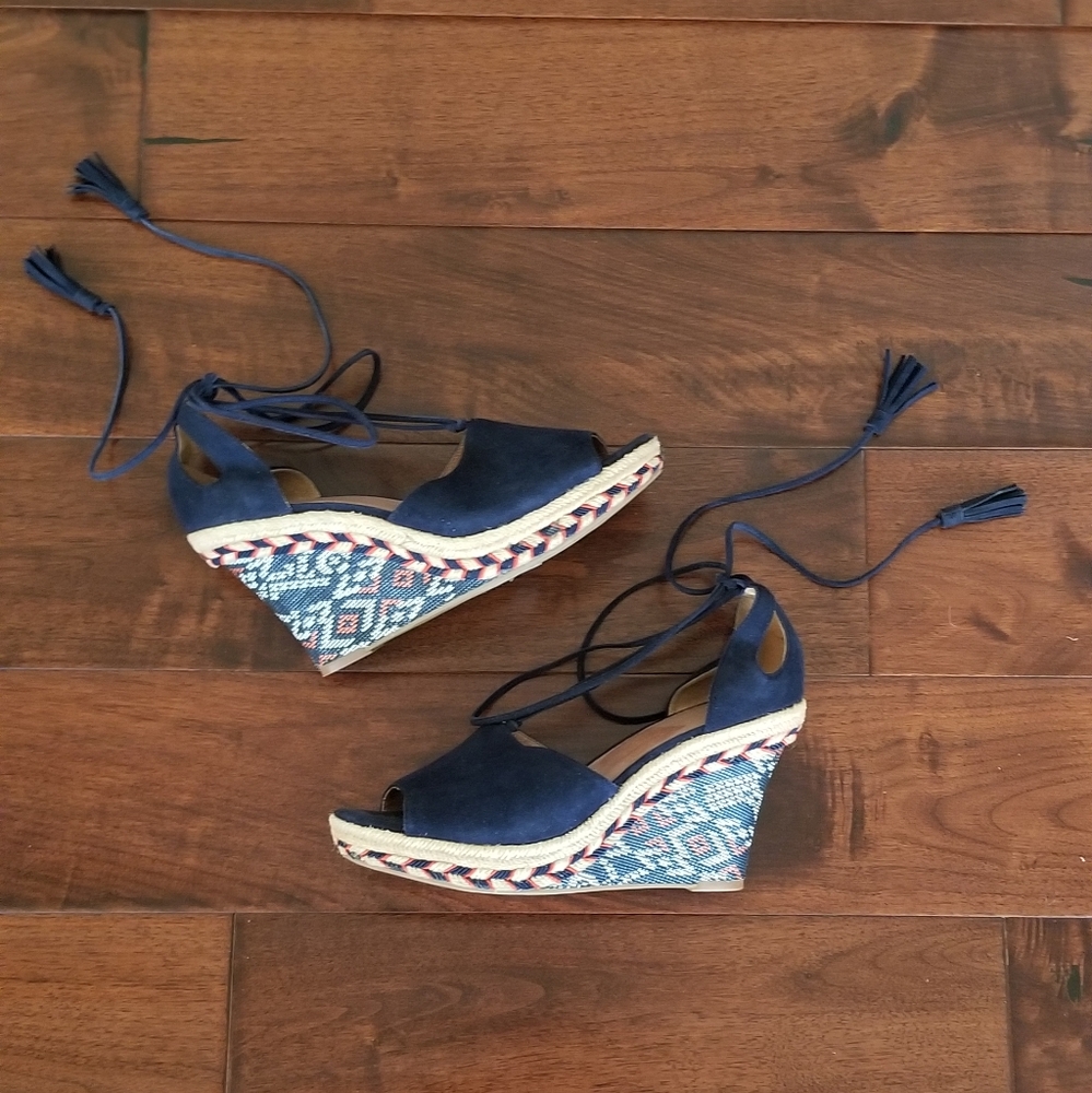 CABI "Isla" Navy Blue Suede Espadrille Wedge Sandals- Size 6.5